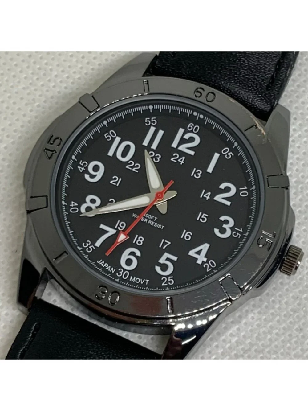 FMD men’s watch quartz analog black tone 39mm gray black leather band running